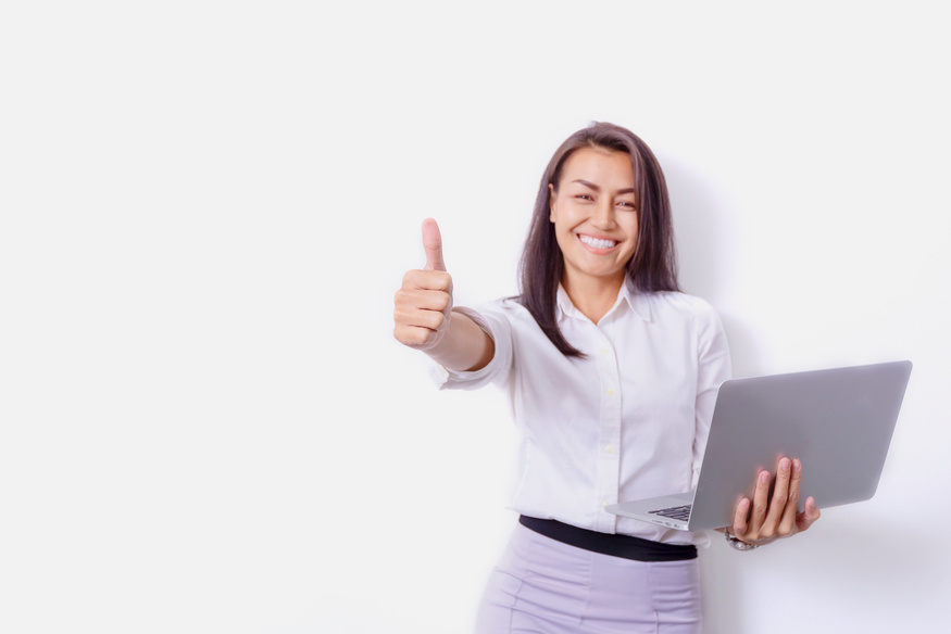 Woman with a Laptop Giving Thumbs Up